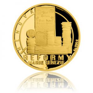Mince s ražbou symbolizující měnovou reformu.