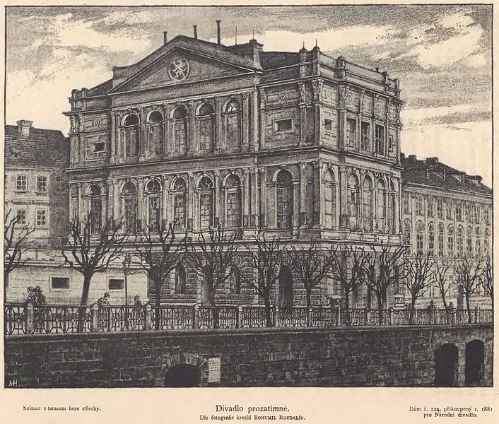 Budova Prozatímního divadla na kresbě od Bohumíra Roubalíka