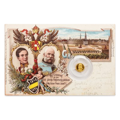 Replika dobové pohlednice se zasazenou mincí František Josef I.