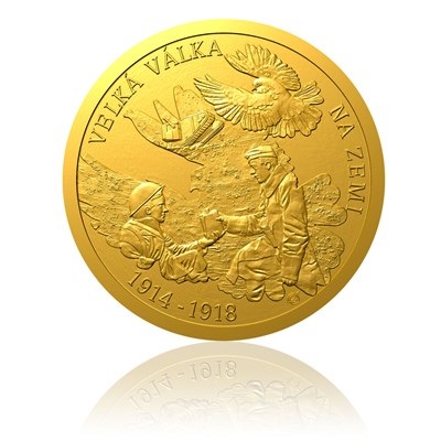 Zlatá mince s vyobrazením ukončení 1 světové války na souši